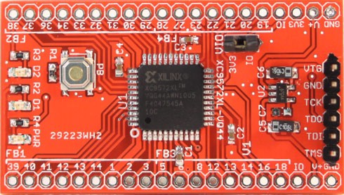 The handy XC9572XL breakout board from Dangerous Prototypes. Note the lack of anything extra on the board other than an LDO, some bypass caps, and some LEDs and a switch for prototyping.